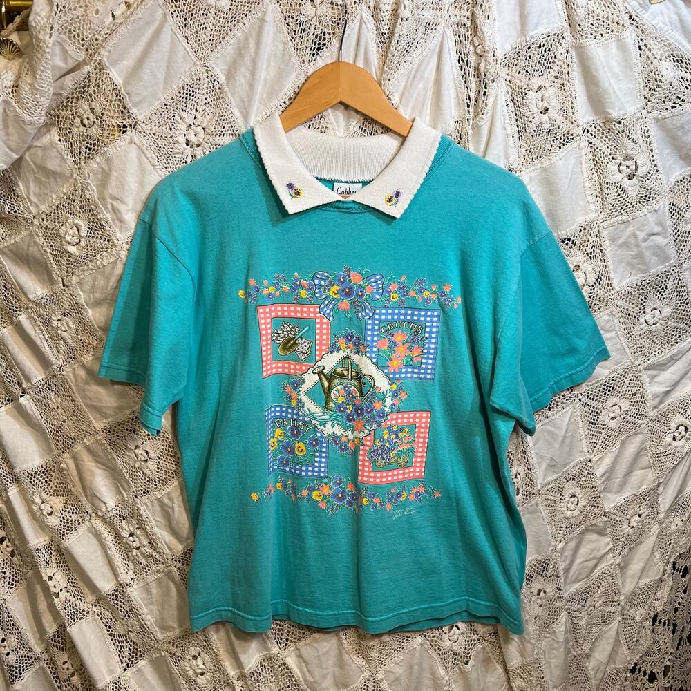 Vintage Turquoise Polo Cottagecore Garden Top by Gopher  / Size L